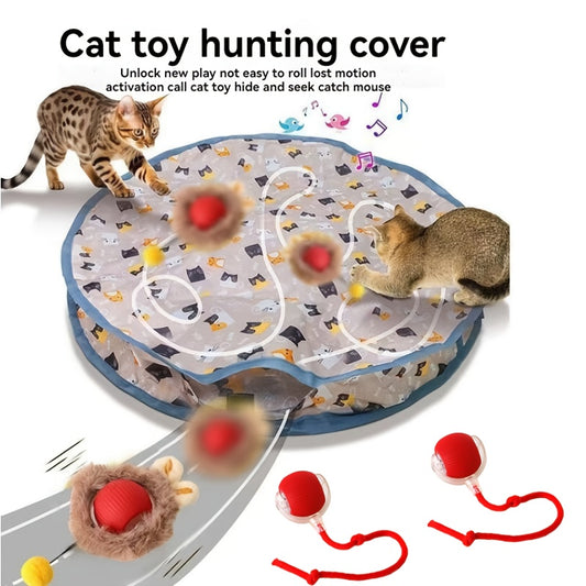 3pcs Pet Self-Entertainment Toy Set: 1 Round Double-Layer Hunting Cover + 2 Red Automatic Cat Balls