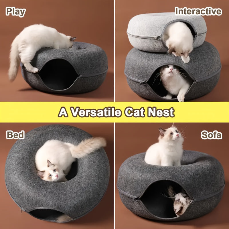 Cozy Donut-Shaped Cat Bed with Interactive Felt Tunnel – Soft Canvas Play and Training Toy for Small to Medium Cats, Ferrets, and Rabbits, Dual-Purpose Comfortable Hideaway in Gray or Multiple Colors, Kitten Bed