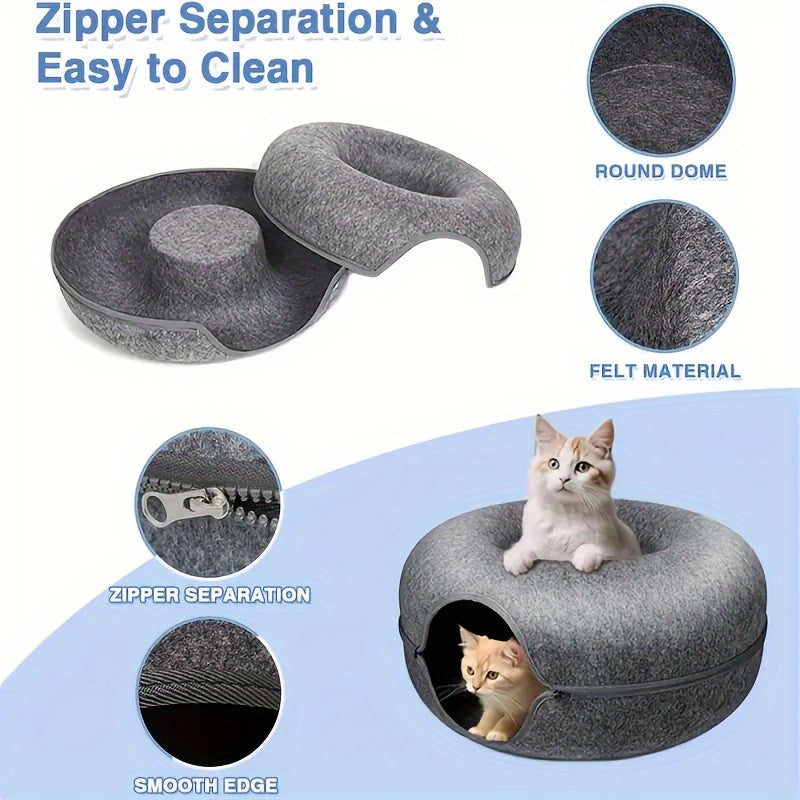 Cozy Donut-Shaped Cat Bed with Interactive Felt Tunnel – Soft Canvas Play and Training Toy for Small to Medium Cats, Ferrets, and Rabbits, Dual-Purpose Comfortable Hideaway in Gray or Multiple Colors, Kitten Bed