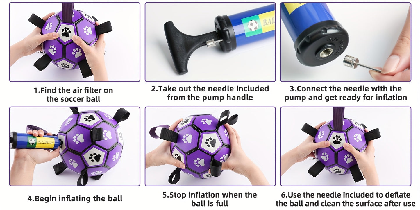 Durable Rubber Dog Soccer Ball with Straps - Interactive Chew-Resistant Pet Toy for All Breed Sizes, Purple & Black with Paw Print Design, Indoor/Outdoor Play & Training, Dog Ball Toy, Large Surface Area