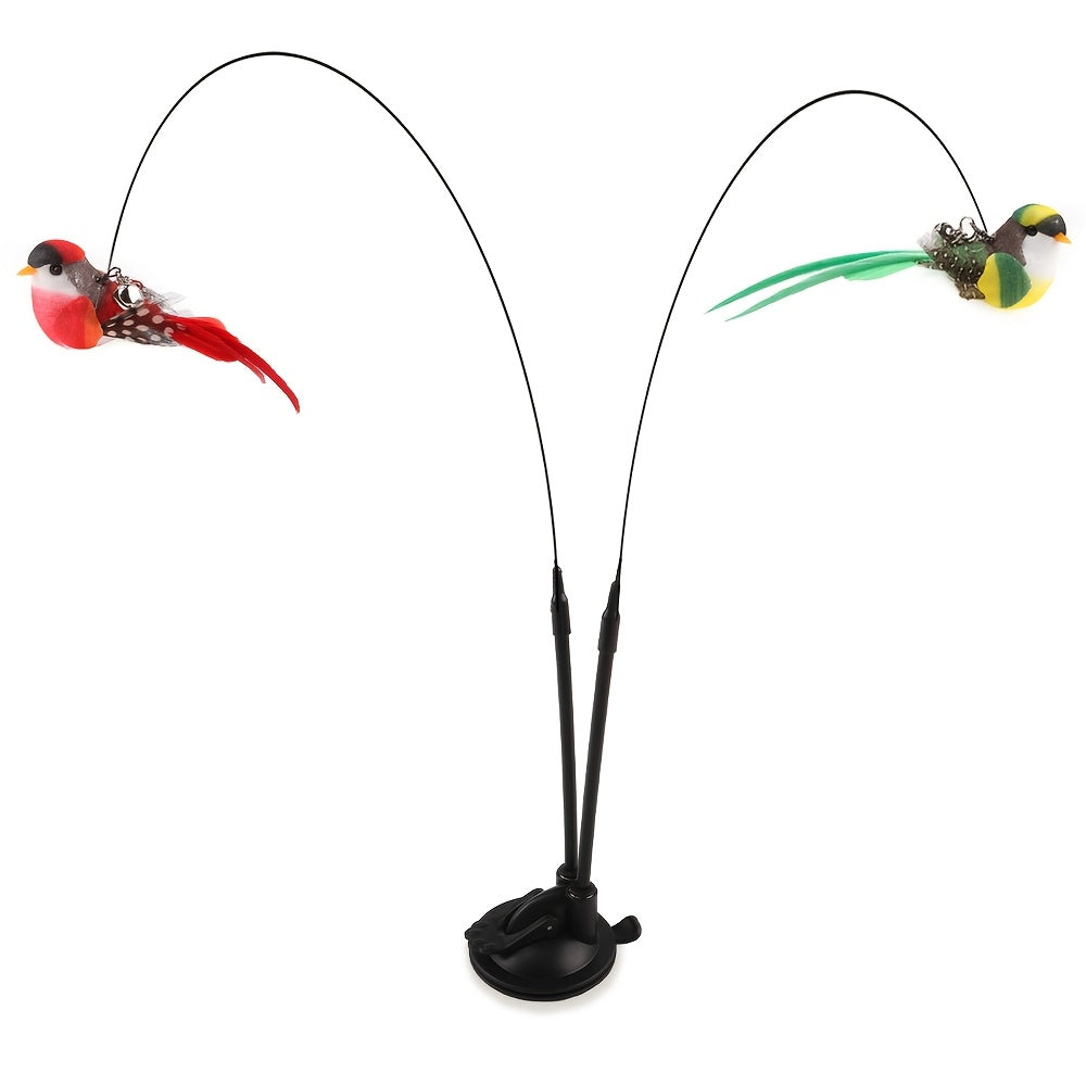 Cartoon Patterned Interactive Cat Toy Set - Polyester Artificial Feathers, Long Rod, Bell | No Battery, Uncharged, Strong Adhesive Base for Fun Play