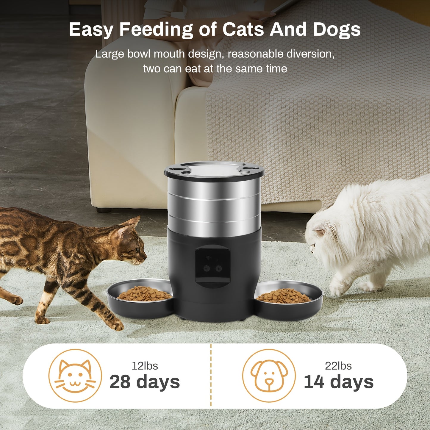 WiFi Enabled Large Capacity Pet Feeder - Automatic Stainless Steel Food Dispenser with Dual Bowls for Cats & Dogs, Remote Control via App, Ideal for Large Feeding Needs (No USB 5V/2A Plug), Pet Food Dispenser, Without Battery