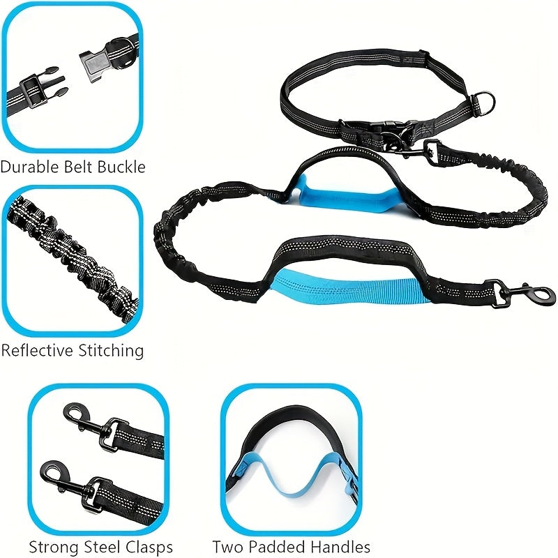 [Hands-Free Dog Leash] Durable Adjustable Hands-Free Dog Running Leash | Double Handles & Elastic Retractable Rope, Black & Teal Design for Large & Medium Dogs, Perfect for Running, Jogging, Walking - Sturdy Metal Clips, Slee