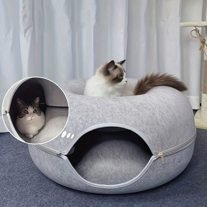Cozy Donut-Shaped Cat Bed with Interactive Felt Tunnel – Soft Canvas Play and Training Toy for Small to Medium Cats, Ferrets, and Rabbits, Dual-Purpose Comfortable Hideaway in Gray or Multiple Colors, Kitten Bed