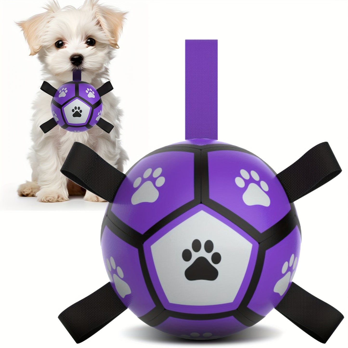 Durable Rubber Dog Soccer Ball with Straps - Interactive Chew-Resistant Pet Toy for All Breed Sizes, Purple & Black with Paw Print Design, Indoor/Outdoor Play & Training, Dog Ball Toy, Large Surface Area