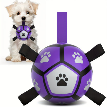 Durable Rubber Dog Soccer Ball with Straps - Interactive Chew-Resistant Pet Toy for All Breed Sizes, Purple & Black with Paw Print Design, Indoor/Outdoor Play & Training, Dog Ball Toy, Large Surface Area