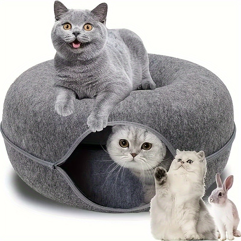 Cozy Donut-Shaped Cat Bed with Interactive Felt Tunnel – Soft Canvas Play and Training Toy for Small to Medium Cats, Ferrets, and Rabbits, Dual-Purpose Comfortable Hideaway in Gray or Multiple Colors, Kitten Bed