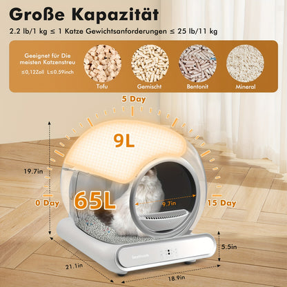 65L+9L Large Capacity Self-Cleaning Cat Litter Box With Digital Timer & Remote Control, Automatic Robot Litter Box For Multiple Cats, Ultra-Clean ABS Design, Includes 1 Rolls Of Leak-Proof Bags, Without Battery