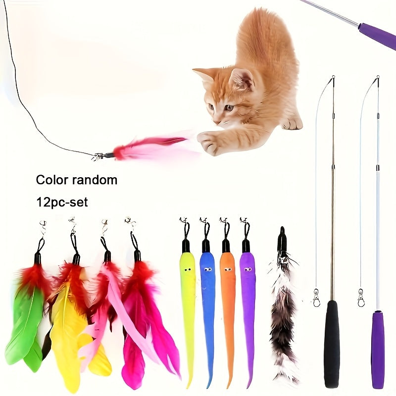 [Vibrant Cat Toy Set] 12pcs Vibrant & Durable Cat Toy Set | Interactive Feather Fishing Rods with Bell-Caterpillar Heads, Engaging Cat Play Sticks for Endless Fun