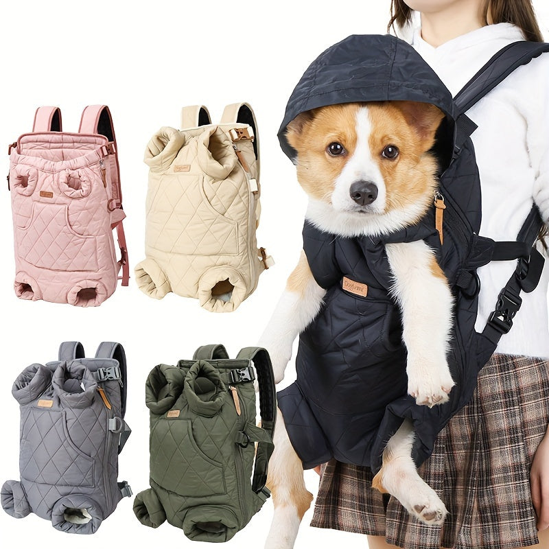 Adjustable Quilted Pet Carrier Backpack for Small to Medium Dogs - Cozy Fleece-Lined, Hands-Free Front Legs Out Chest Carrier with Zip Closure, Ideal for Hiking & Cycling - Available in Black, Beige, Pink, Gray, Olive Green,