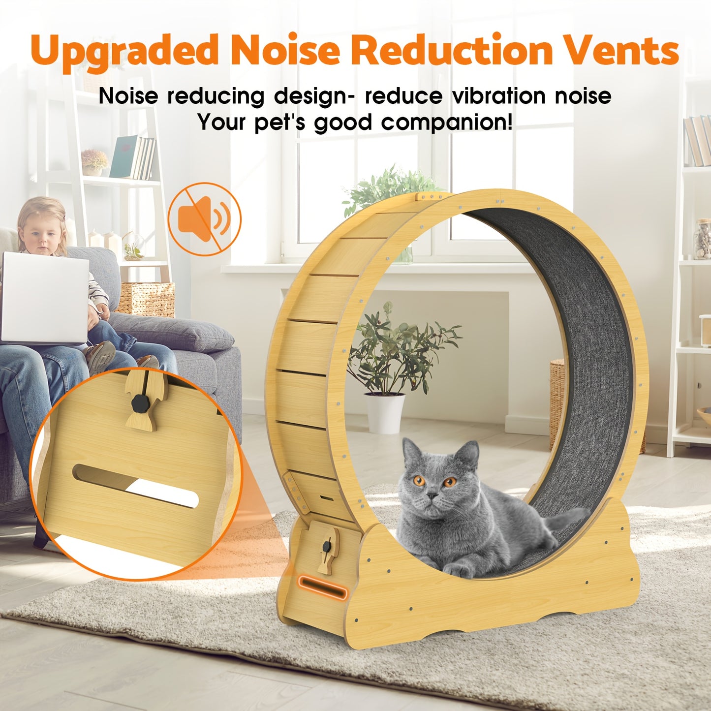 Large 91cm/100cm Cat Exercise Wheel - Recycled Wood Indoor Cat Treadmill with Silent Running Wheel, Detachable Carpeted Surface, Safety Lock & Adjustable Height - Sturdy Base for Stability, Ideal for Cats & Small Pets (Assemb