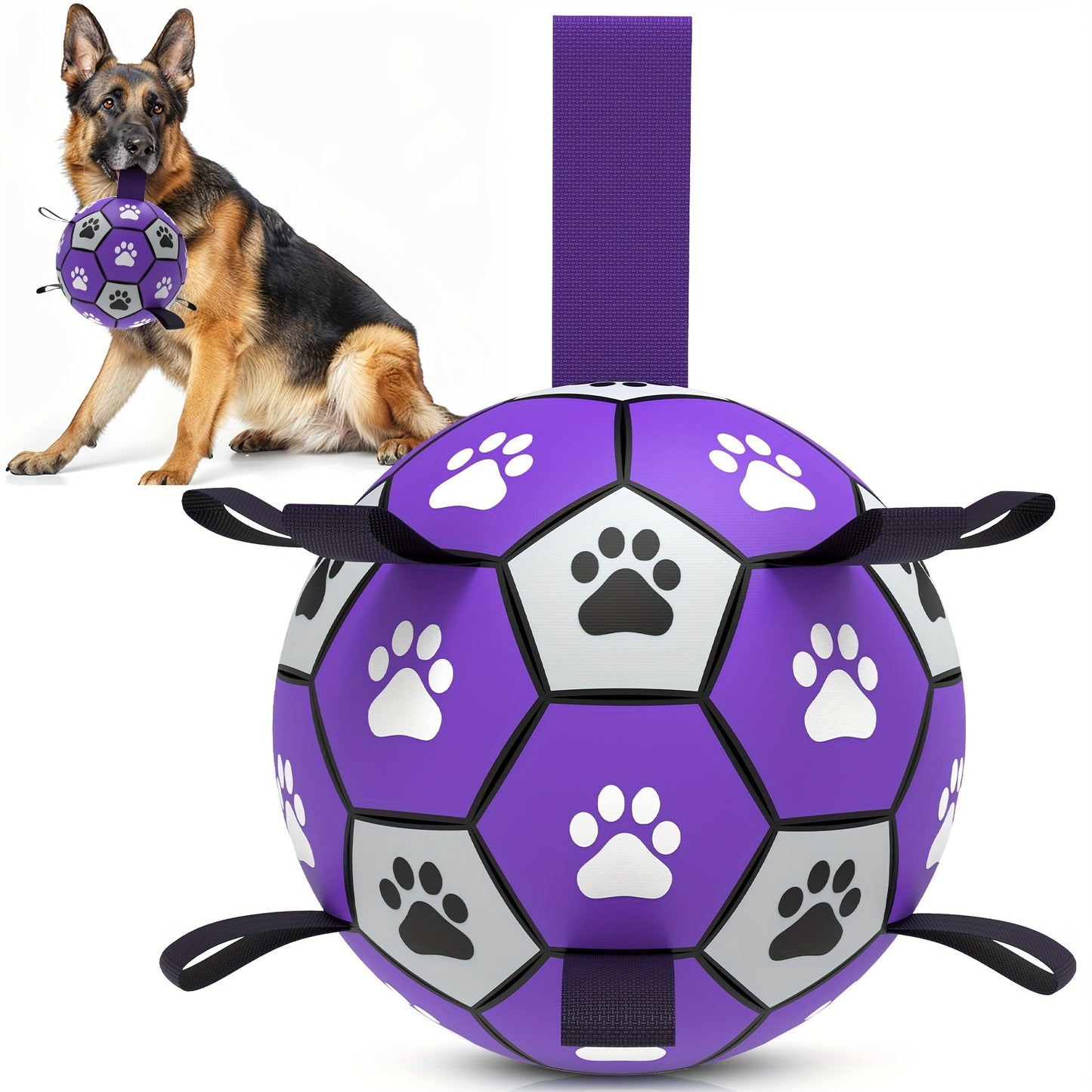 Durable Rubber Dog Soccer Ball with Straps - Interactive Chew-Resistant Pet Toy for All Breed Sizes, Purple & Black with Paw Print Design, Indoor/Outdoor Play & Training, Dog Ball Toy, Large Surface Area