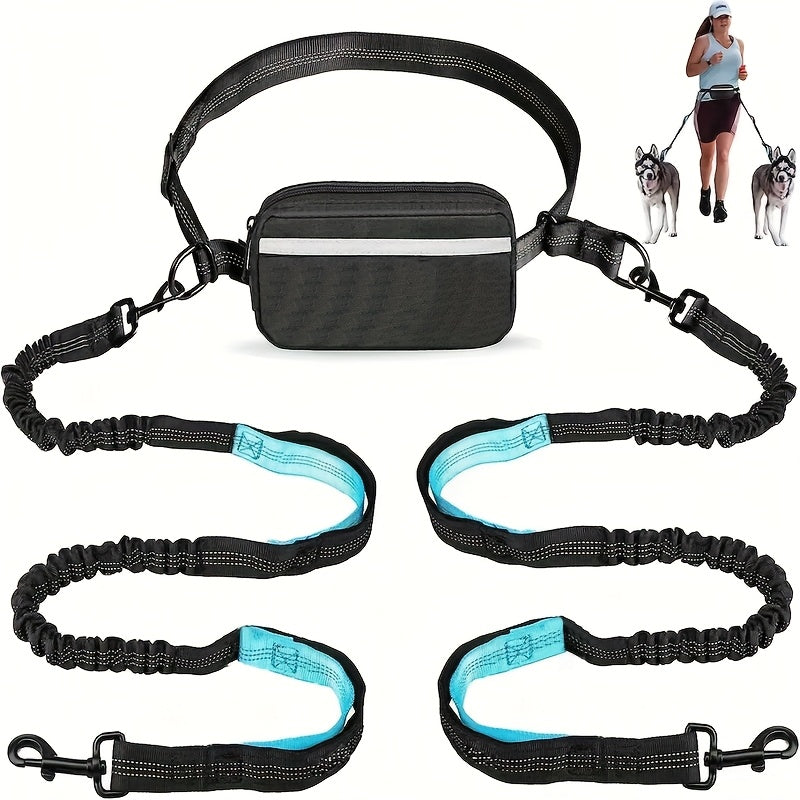[Hands-Free Dog Leash] Durable Adjustable Hands-Free Dog Running Leash | Double Handles & Elastic Retractable Rope, Black & Teal Design for Large & Medium Dogs, Perfect for Running, Jogging, Walking - Sturdy Metal Clips, Slee