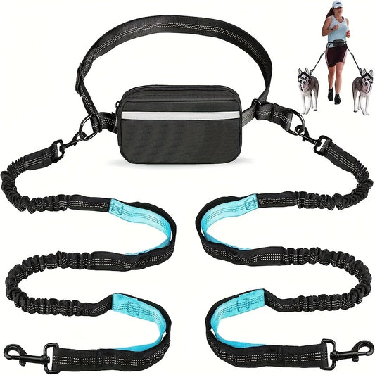 [Hands-Free Dog Leash] Durable Adjustable Hands-Free Dog Running Leash | Double Handles & Elastic Retractable Rope, Black & Teal Design for Large & Medium Dogs, Perfect for Running, Jogging, Walking - Sturdy Metal Clips, Slee