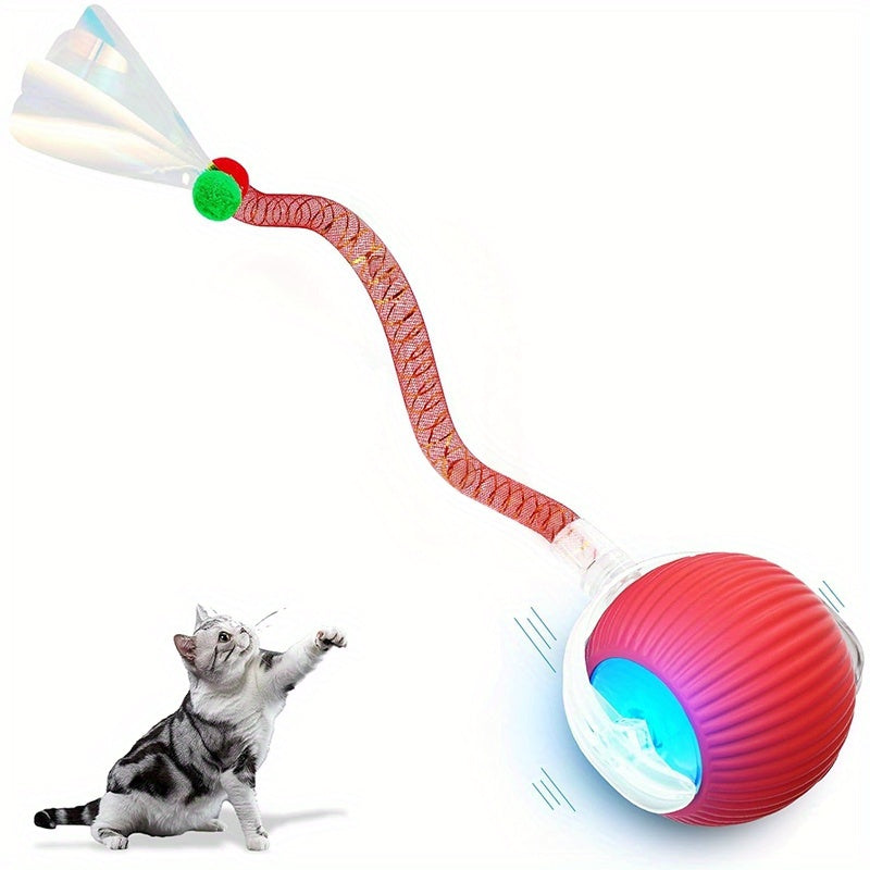 MIAOQUANJI Interactive Rolling Cat Ball Toy - USB Rechargeable Electric Cat Toy with Elastic Net Tail, Quick Self-rolling Design for All Breeds, Pink & Multicolor Options, Smart Automatic Pet Toy for Indoor Fun & Gifting, Cat