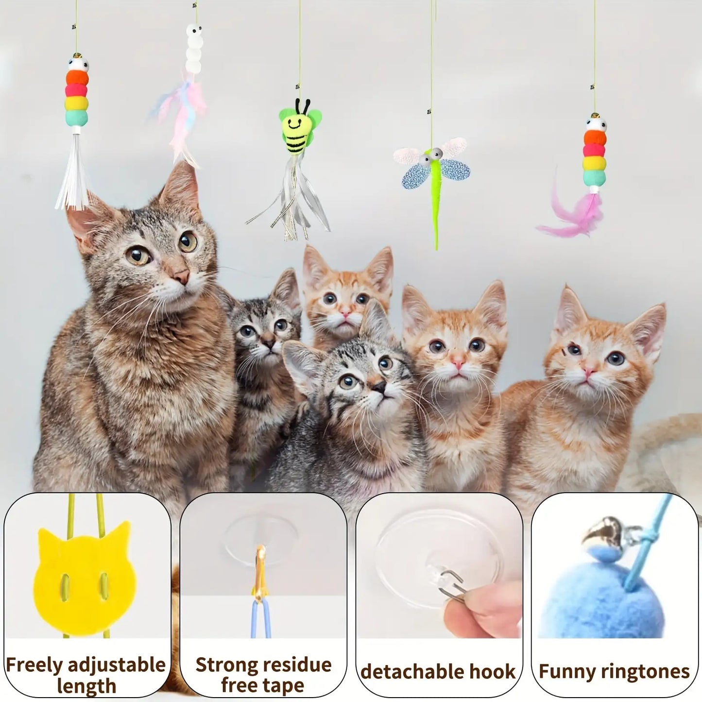 [Interactive Cat Squeaky Toy] 1 Interactive Cat Squeaky Toy, Random Color and Style, 1pc Delivery with Stretchable Spring Rope for Indoor Playtime. Features Artificial Feathers & Bell – Durble Nylon Hanging Doorway Kitten S