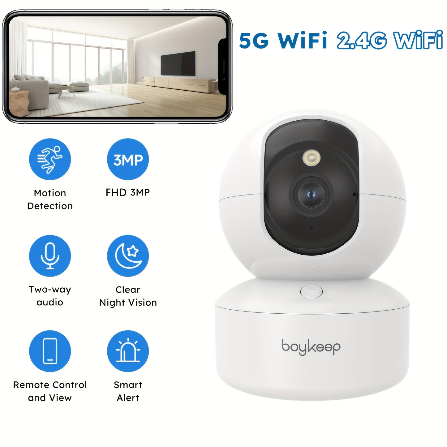 BoyKeep 5g/2.4ghz WiFi Smart Camera, 2K High-definition Indoor Safety Monitor, Special Safety Camera For Babies And Pets, 360° Panoramic Surveillance Video, Night Vision, Two-way Calls, Memory Card And Cloud Storage, K30