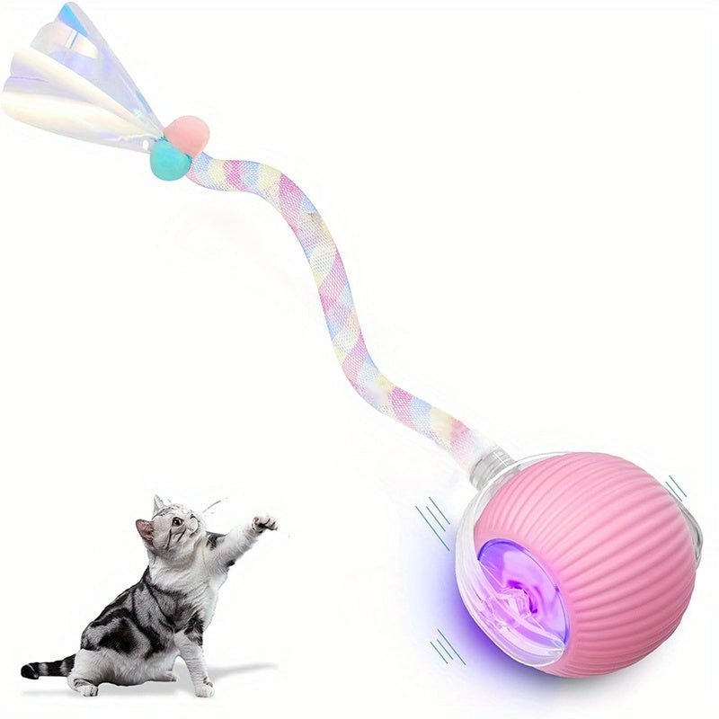 MIAOQUANJI Interactive Rolling Cat Ball Toy - USB Rechargeable Electric Cat Toy with Elastic Net Tail, Quick Self-rolling Design for All Breeds, Pink & Multicolor Options, Smart Automatic Pet Toy for Indoor Fun & Gifting, Cat