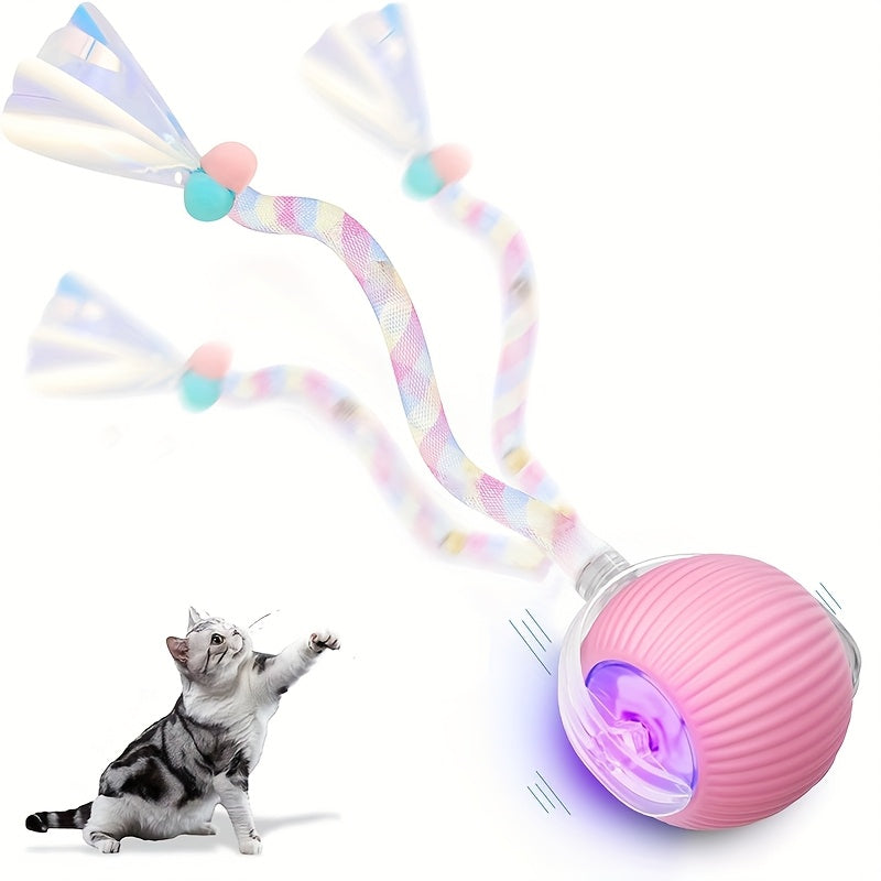 MIAOQUANJI Interactive Rolling Cat Ball Toy - USB Rechargeable Electric Cat Toy with Elastic Net Tail, Quick Self-rolling Design for All Breeds, Pink & Multicolor Options, Smart Automatic Pet Toy for Indoor Fun & Gifting, Cat