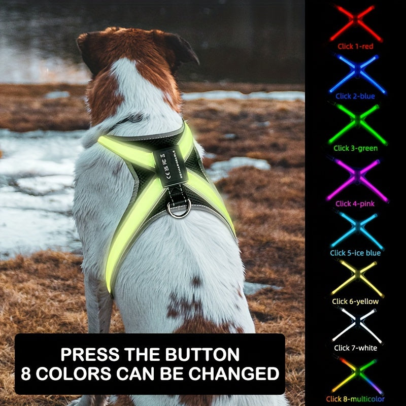 [LED Dog Vest] USB-Powered 8-Color LED Rechargeable Dog Vest with Flickering Lights | Geometric Pattern Pet Safety Harness for Medium & Large Dogs Under 4ft, Night Visibility Gear, Safe Visibility at Night, Dog Leash, USBchar