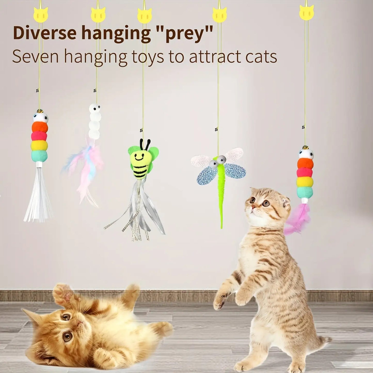 [Interactive Cat Squeaky Toy] 1 Interactive Cat Squeaky Toy, Random Color and Style, 1pc Delivery with Stretchable Spring Rope for Indoor Playtime. Features Artificial Feathers & Bell – Durble Nylon Hanging Doorway Kitten S
