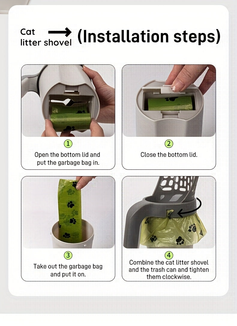 All-In-One Storage Portable Cat Cleaning Cat Litter Shovel with Built-In Garbage Bag Automatic Poop Scooper Set Cat Shovel