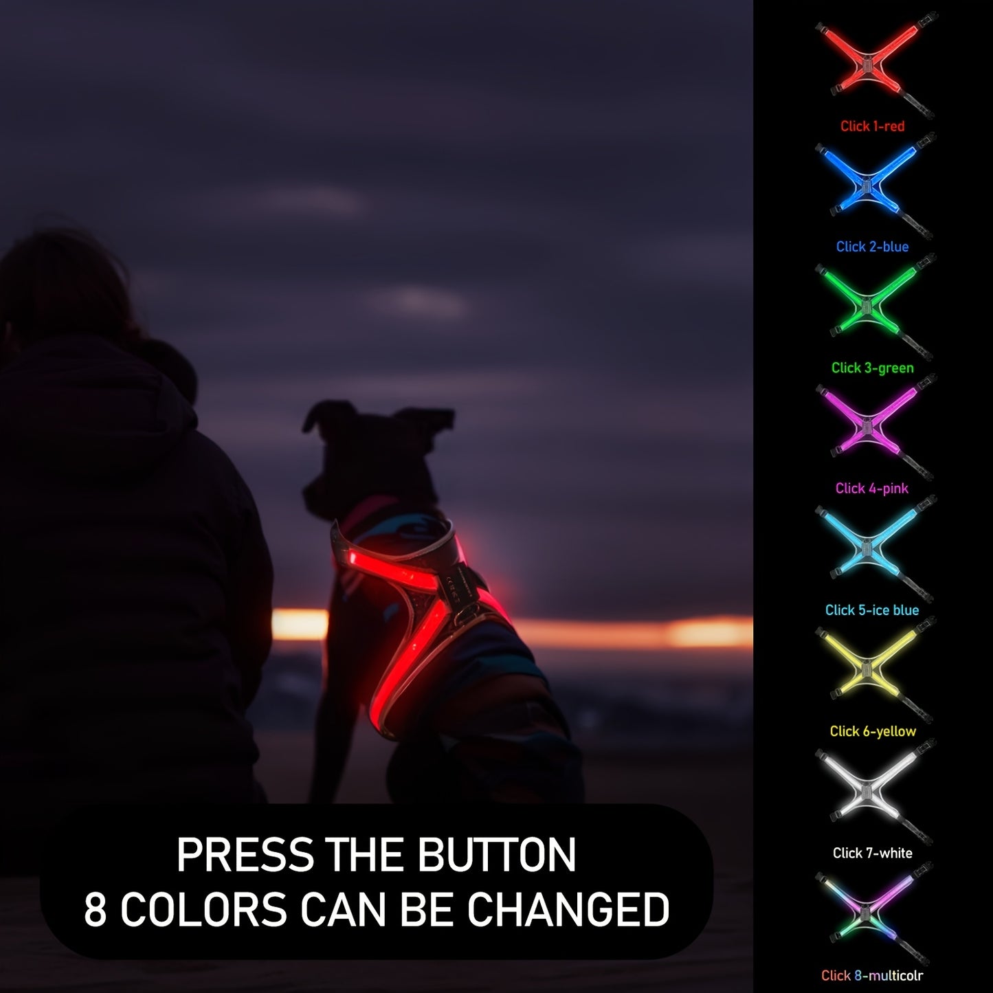 [LED Dog Vest] USB-Powered 8-Color LED Rechargeable Dog Vest with Flickering Lights | Geometric Pattern Pet Safety Harness for Medium & Large Dogs Under 4ft, Night Visibility Gear, Safe Visibility at Night, Dog Leash, USBchar