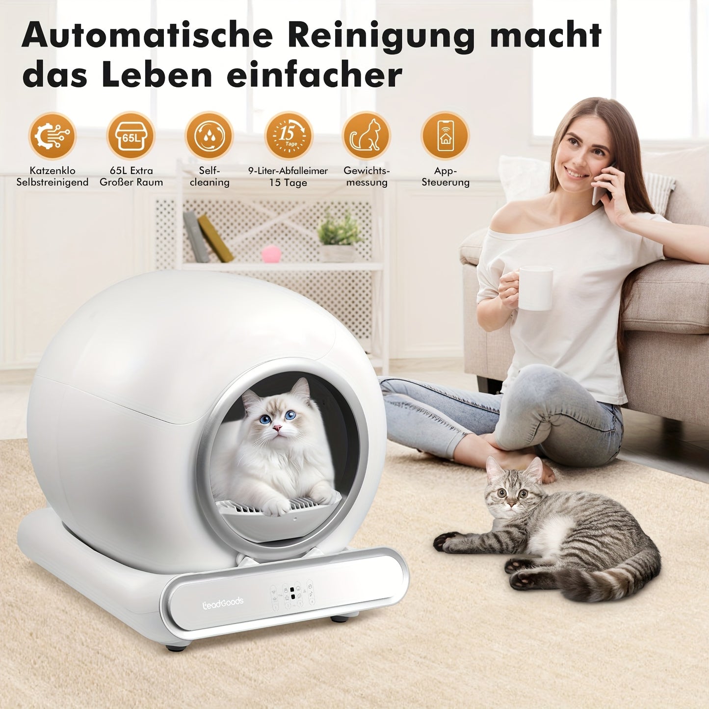 65L+9L Large Capacity Self-Cleaning Cat Litter Box With Digital Timer & Remote Control, Automatic Robot Litter Box For Multiple Cats, Ultra-Clean ABS Design, Includes 1 Rolls Of Leak-Proof Bags, Without Battery