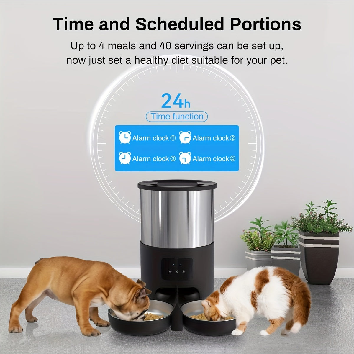 4.5L WiFi Double Meal Pet Feeder for Cats and Dogs, Automatic Food Dispenser Suitable for Small and Medium-Sized Pets, Stainless Steel Double Bowl Pet Feeder with Remote Control App Control (No 5V 1A Plug), Without Battery